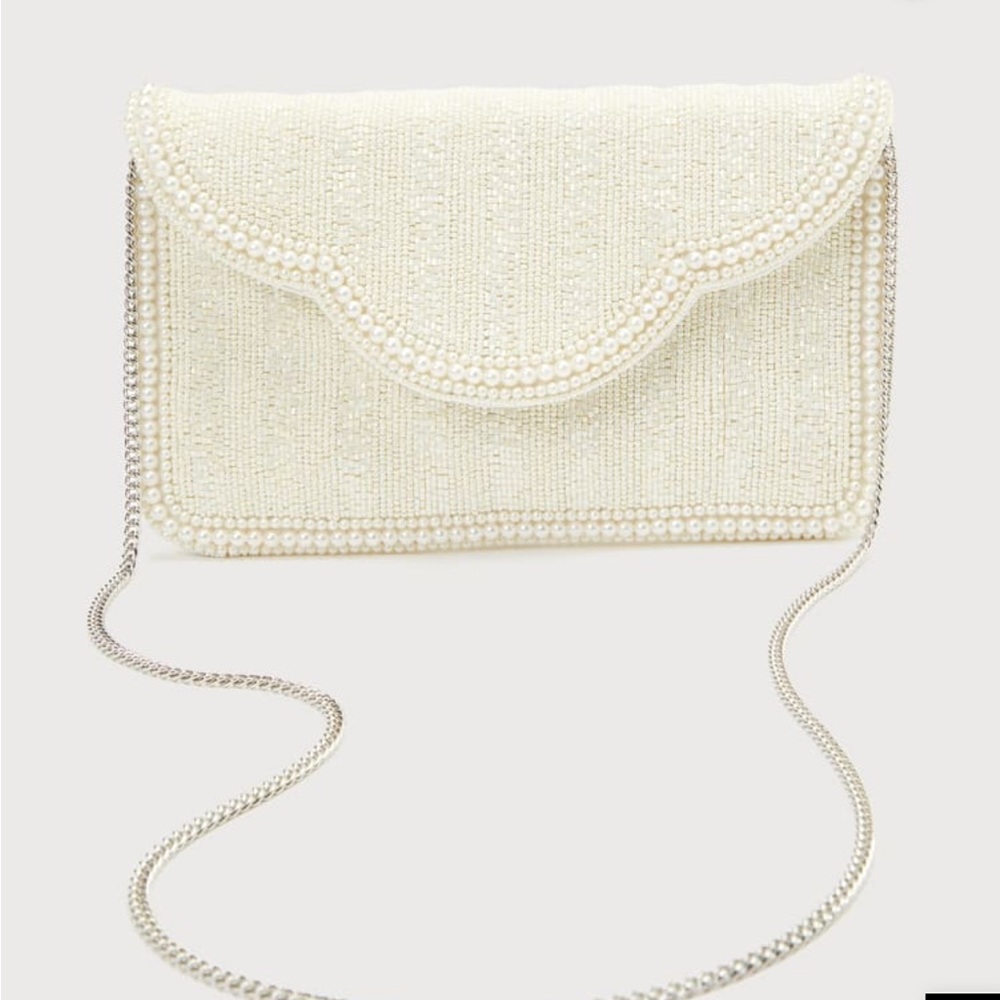 Lulu's Pearl-Trim Ivory Beaded Clutch with Chain
